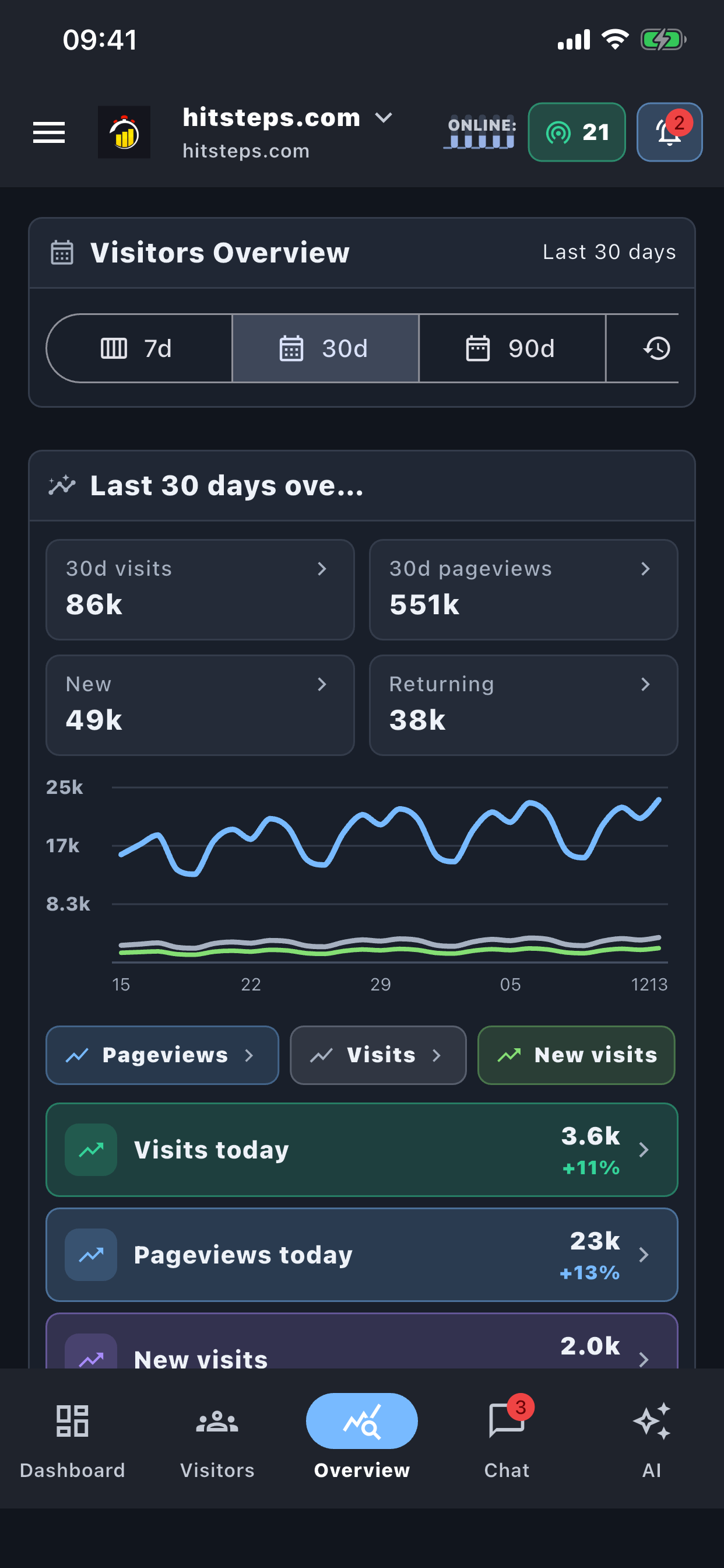 Review visitors and recent website activity.